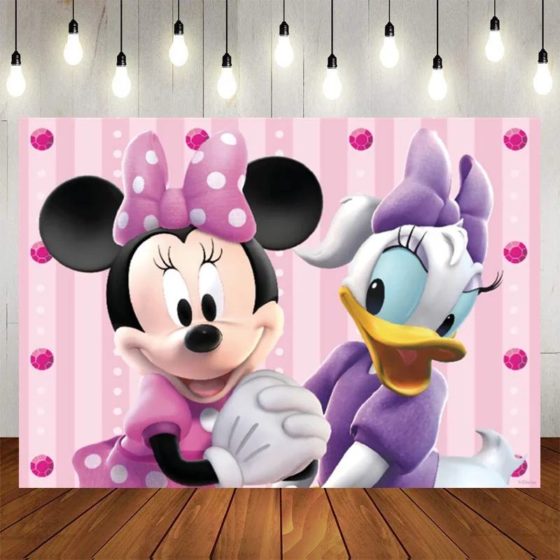 Pink Happy Birthday Backdrop Banner Minnie Mouse Daisy Duck Theme Background For Baby Shower Kids Girls Birthday Party Decor