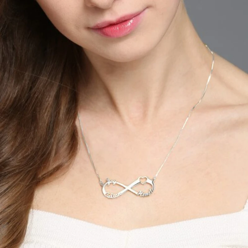 Personalized Infinity Heart Name Necklace Rose Gold Engraved Custom Three Names Letter Necklaces Pendants Jewelry