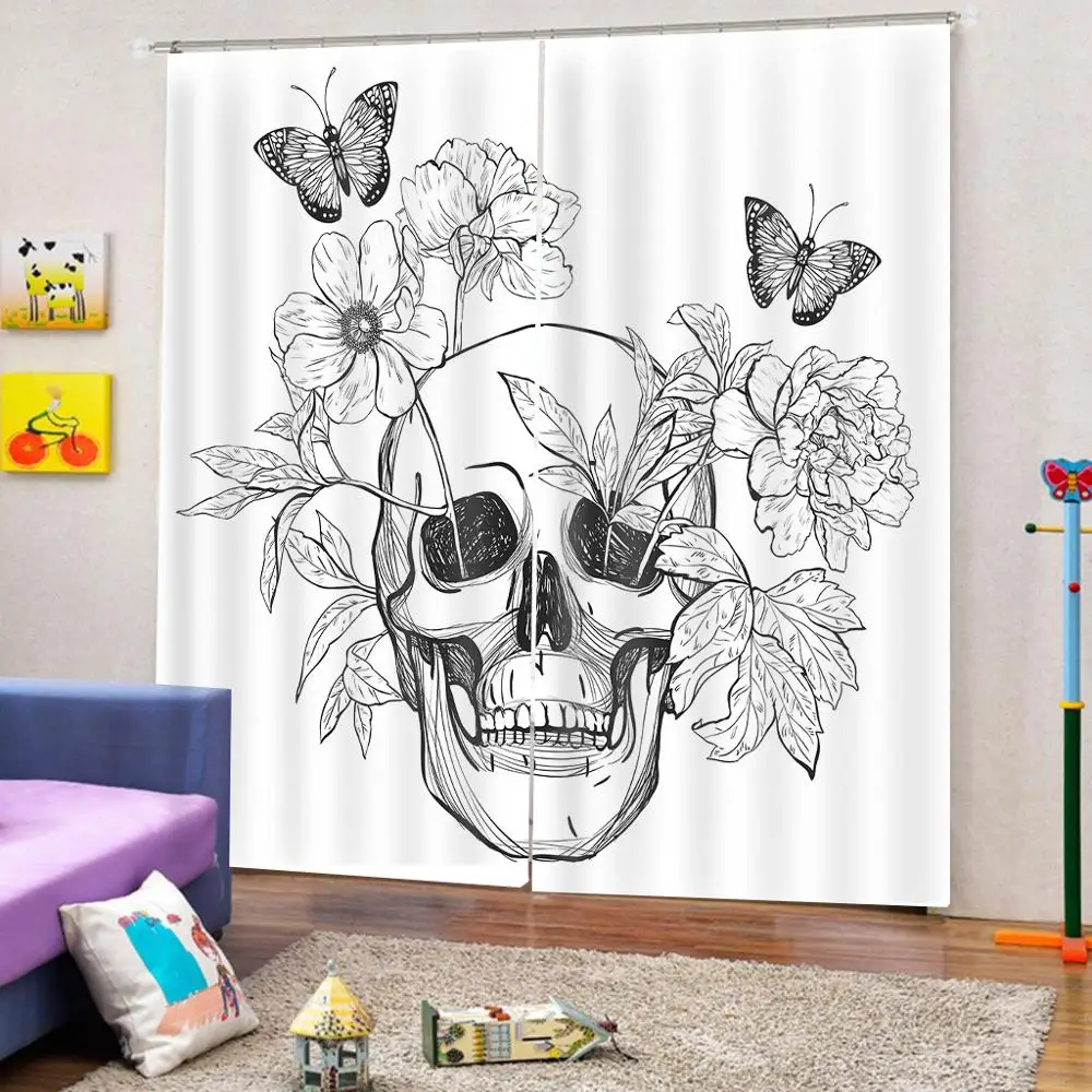 Простой рисунок скетчей череп голова серия лист цветок с бабочкой занавеска