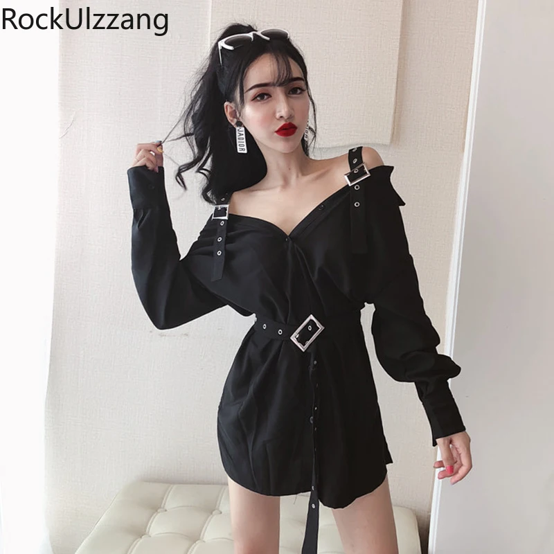 Элегантная Длинная черная рубашка на бретелях с кольцами и ремешком талии