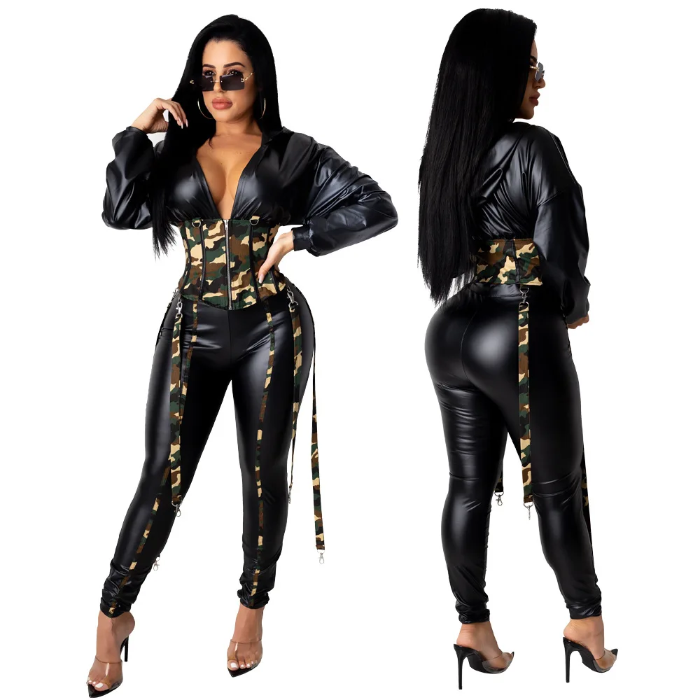 

2021 Women Tops Pants Sexy camouflage print zipper top and pencil pants two-piece suit Moto & Biker