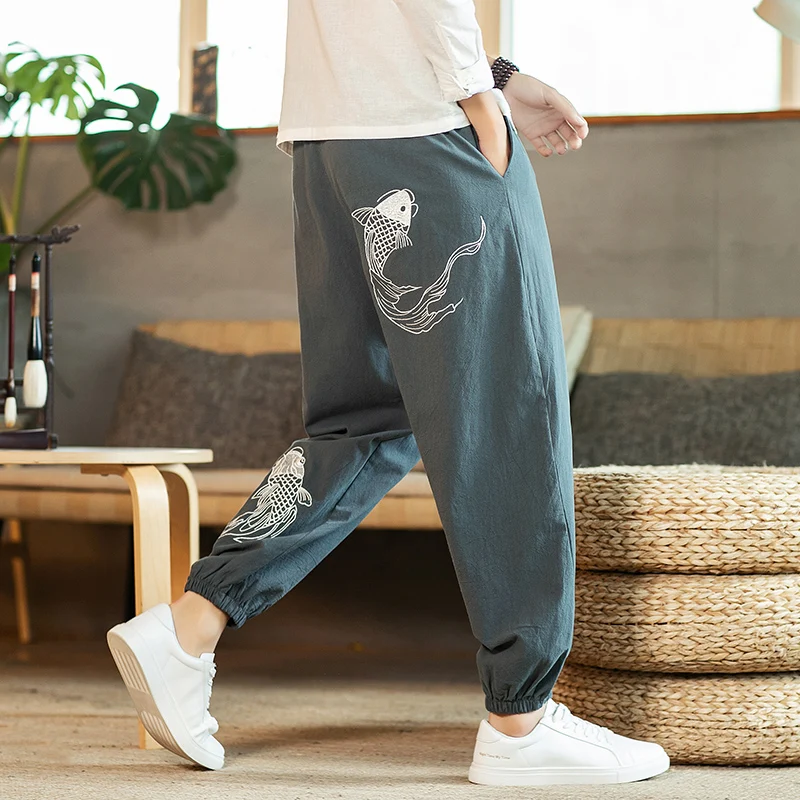 

Men Joggers Pants 2021 Summer New Mens Sweatpants Fish Embroidery Joggers Sweatpants Sport Linen Trousers