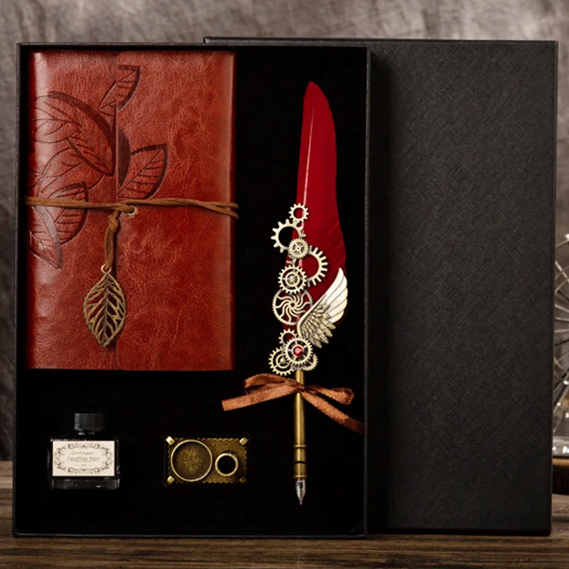

Metal Fountain Pen Luxury Feather Dip Pen Set English Calligraphy Quill Pen Gift Box With Notebook Student Penmanship Supplies