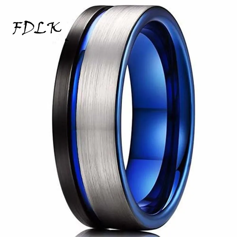 

8mm Tricolor Tungsten Carbide Rings for Men Blue Groove Beveled Edge Black Matte Finish Men Promise Ring Men Wedding Band