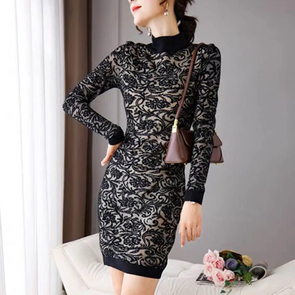 

2021 New Women black lace round neck long sleeve Vestidos Celebrity evening party bandage dress wholesale