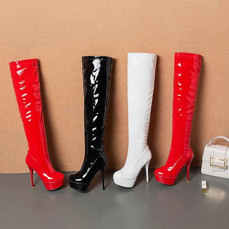 

Super high heel waterproof platform knee high boots women's nightclub sexy catwalk leather boots high tube boots women