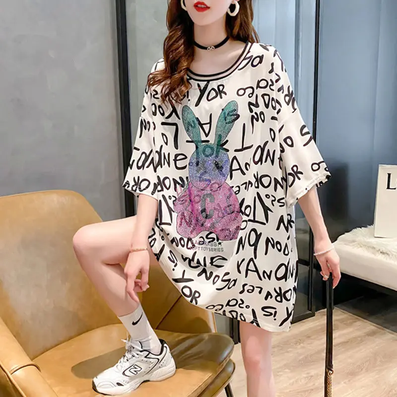 

Medium and long lace stitching short sleeve shirt women's 2021 new wave summer Korean wind loose size halter top