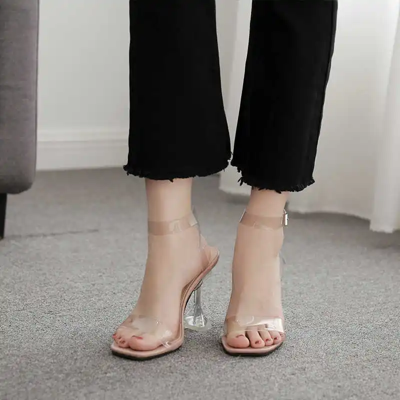 

New cool and transparent one line high heel fish beak thin heel women's sandals in summer 2019 35-42