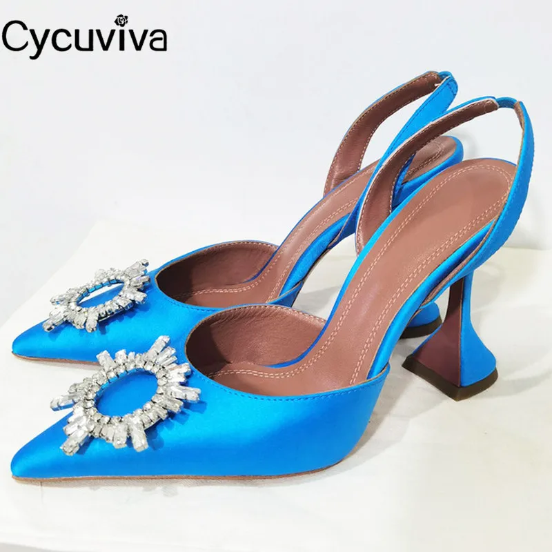 

2020 New Crystal Buckle Sandalias Strange Goblet High Heel Satin Sandals Women Sexy Back Strap Pointed Toe Sandals Women