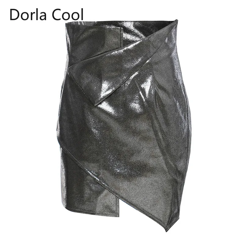 New High Street Women Personality Irregular Mini Skirt Slim Party Bling Bling Designer Chic Girl's Fake Leather Skirts Clothing