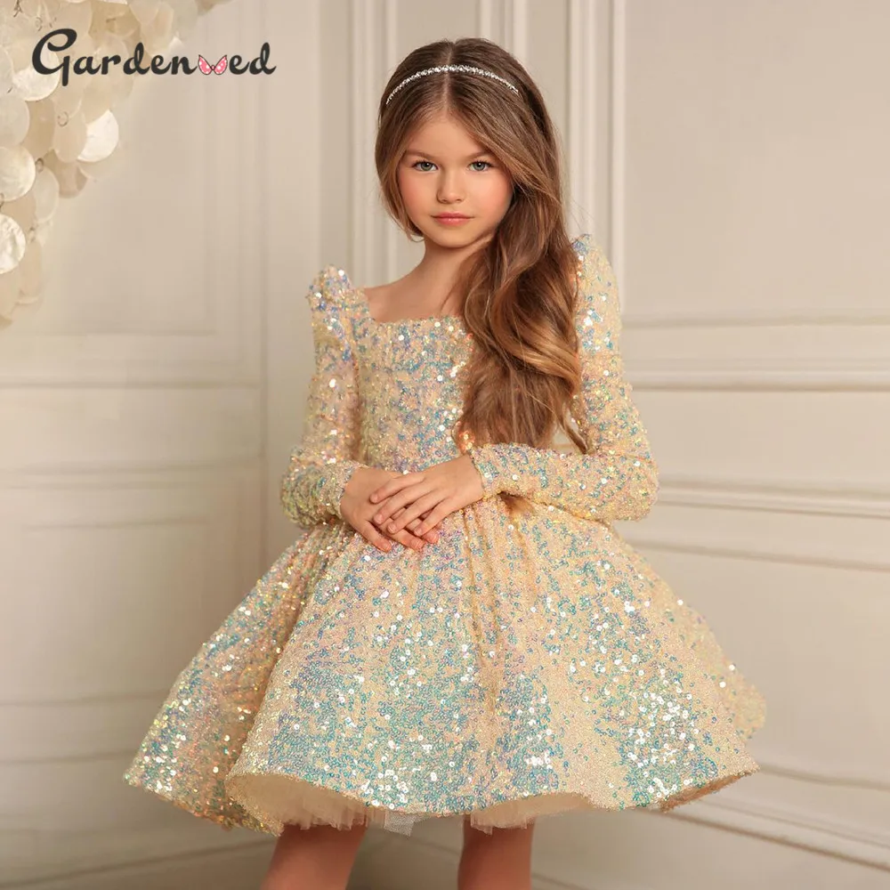 Блестящее Пышное Платье с цветочным принтом для девочек элегантное платье