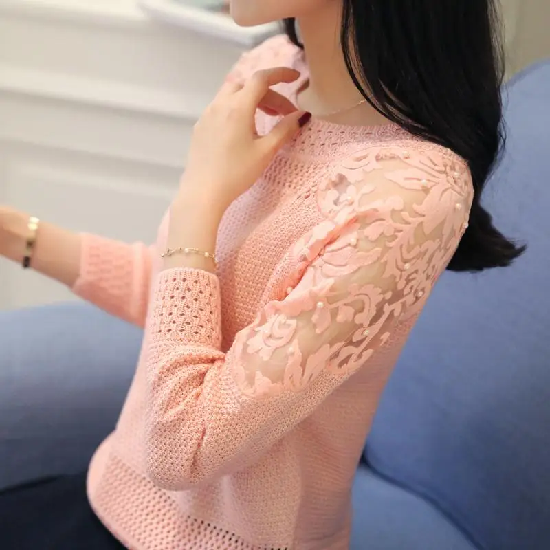 

Spring 2021 new knitted sweater women long-sleeved O-neck women's sweater elastic knit full-sleeve lace patchwork soft pullover