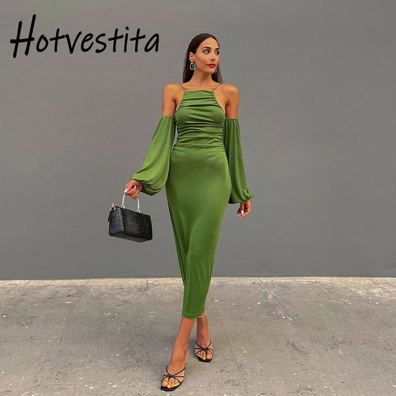 

Сексуальное платье-комбинация Hotvestita с открытыми плечами и пышными рукавами, весна-осень 2021, женское зеленое облегающее вечернее Клубное пл...