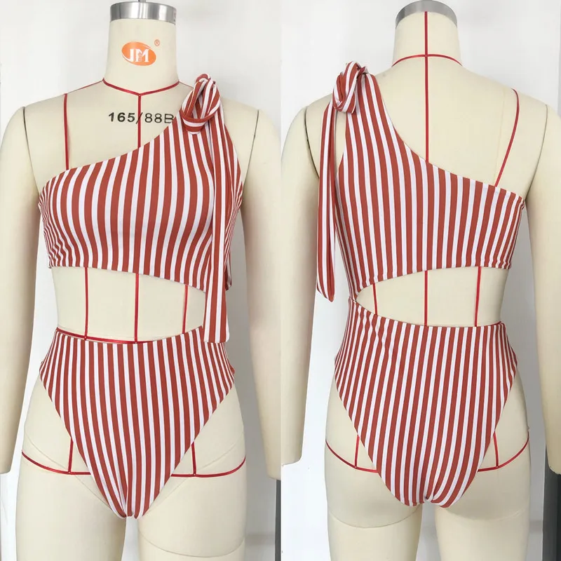

Striped Sexy One Piece Swimsuit One Shoulder Stripe Swimming Suit for Women Sexy Beach Bikini Bathing Polyester Suit Women