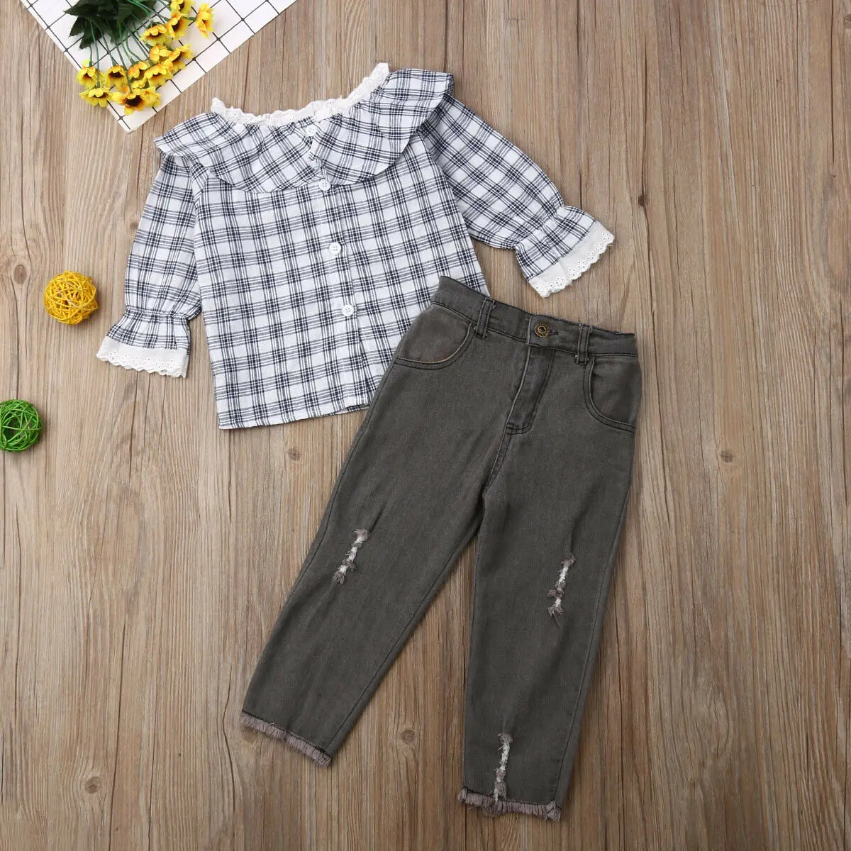 Girls Clothes 2 3 4 5 6 7 Years Sweet Lace Ruffle Long Sleeve Plaids Shirt Tops Jeans Pants Outfits 2pcs set Kids Baby Clothing