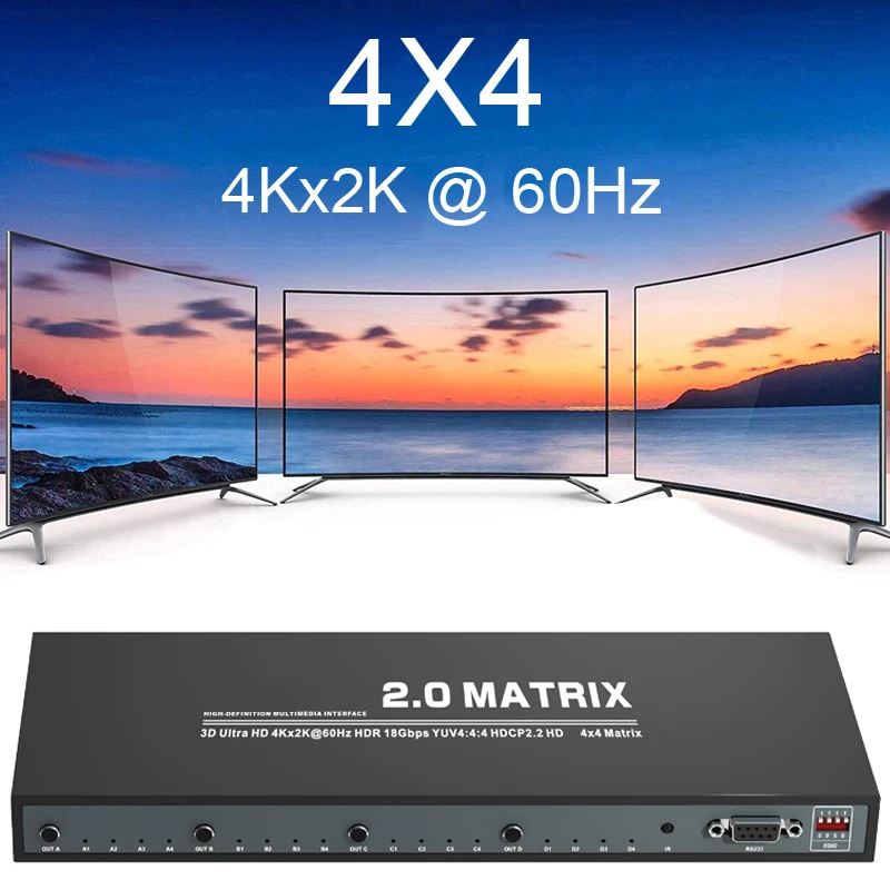 

Матричный сплиттер 4K 60 Гц, HD 2,0, 4x4, 4 в 4, 1080P, видео преобразователь RS232 EDID 3D HDR для PS4, XBOX, DVD, ПК, ТВ-монитора