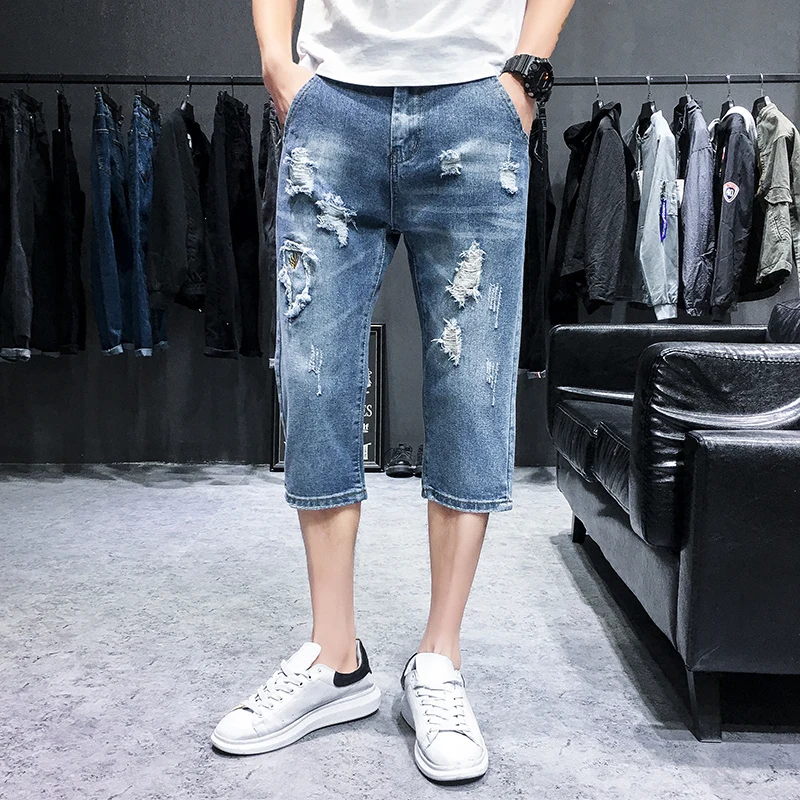 2019 personality trend fashion hole cropped trousers new Japanese men's jeans calca masculina hip hop Best Free shipping XL |