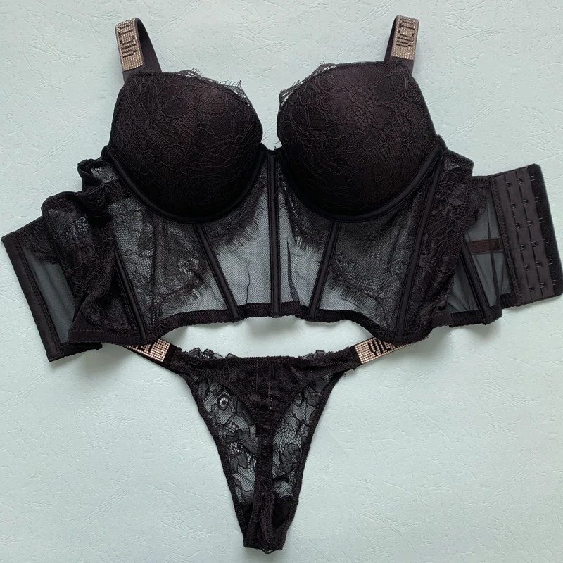 

NEW Women Lace Rhinestone Letter Brand Design Lingerie Set Comfort Push Up Bra Transparent Bralette Top Sexy 2 Pieces Underwear