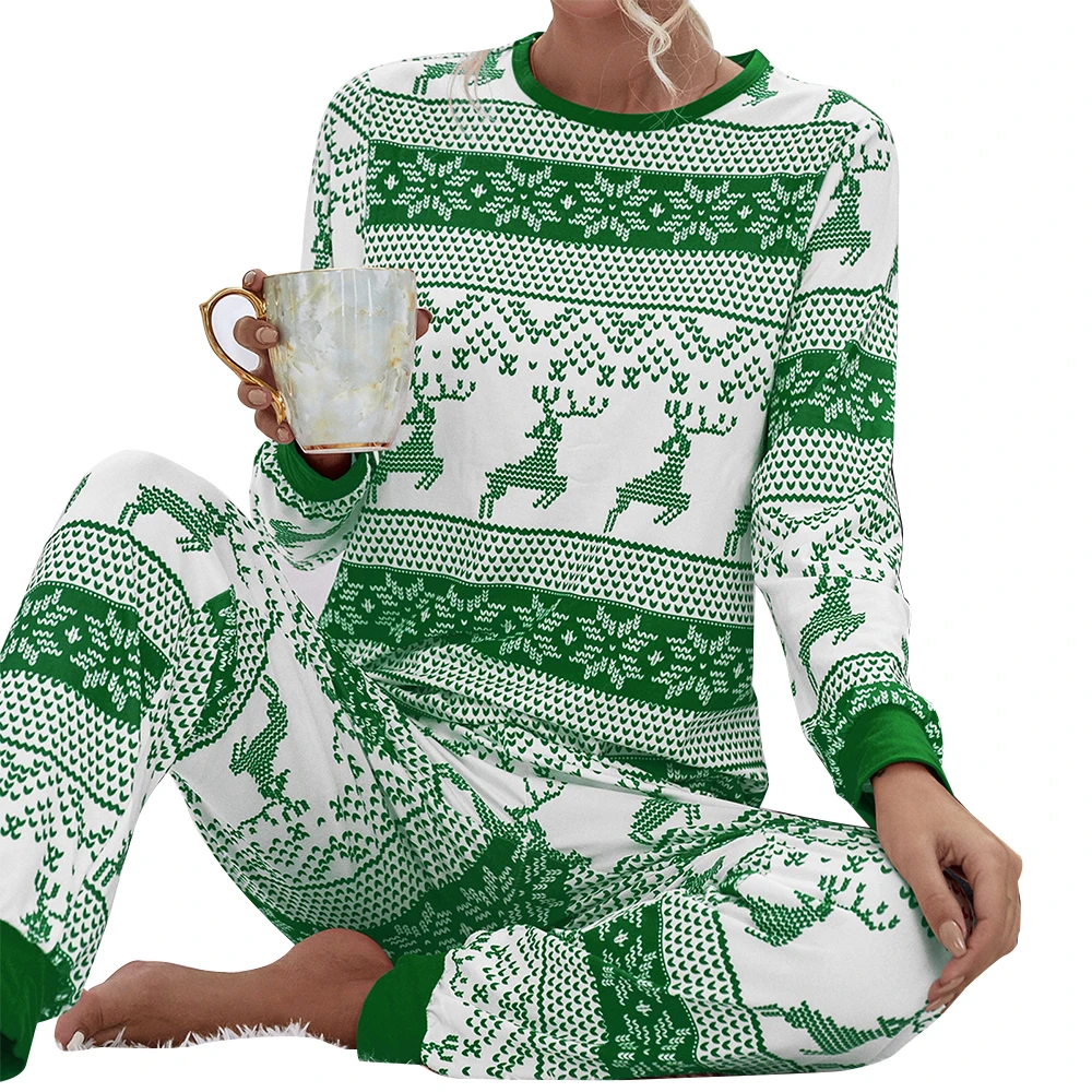

Women Elk Print Set Christmas New Year Knit Pullover Round Neck Classic Pajamas Pants Spring Autumn Long Sleeve Home Sleepwear