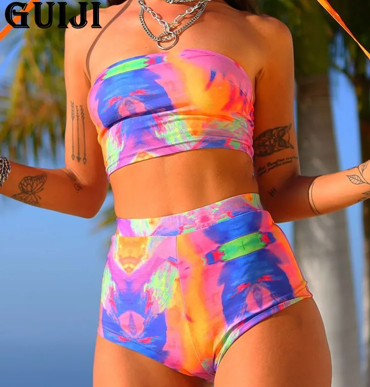

【GUIJI】Ready Stock 2021 New Sexy Tube Top Bikini Ladies High Waist Swimsuit Bikini Boxer Suit Free Shipping
