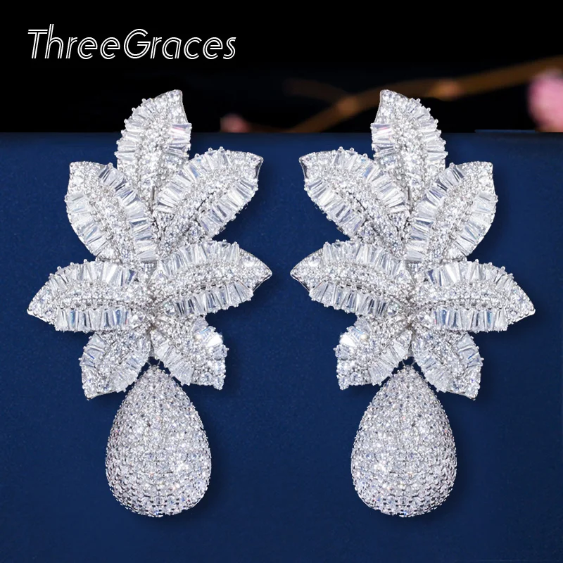 

ThreeGraces Luxury Leaf Drop Pineapple Full Micro CZ Stone Paved Wedding Party Earrings Fashion Costume Jewelry for Women E0365
