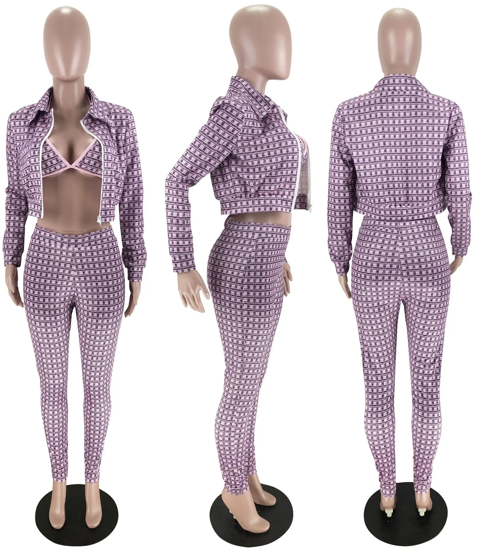 

HAOOHU 2020 winter new women's sets sexy fashion casual Plaid long sleeve zipper shorts coats Bra tight slim pants 3-pc suits