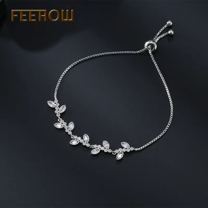 FEEHOW, высокое качество, Marquise Cut, прозрачный CZ циркониевый браслет и браслеты для женщин, подарок, модный, кристалл, камень, лист, ювелирное изделие, FWBP061