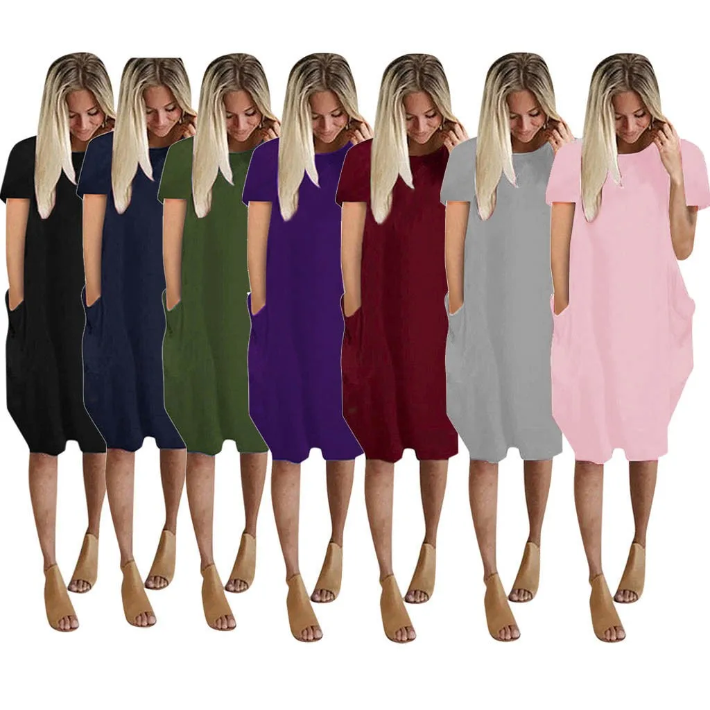 

56# Womens Jumper 2021 Ladies Retro Dress Oversized Baggy Short Sleeve Pocket Pullover Mini Dresses Plus Size Dresses