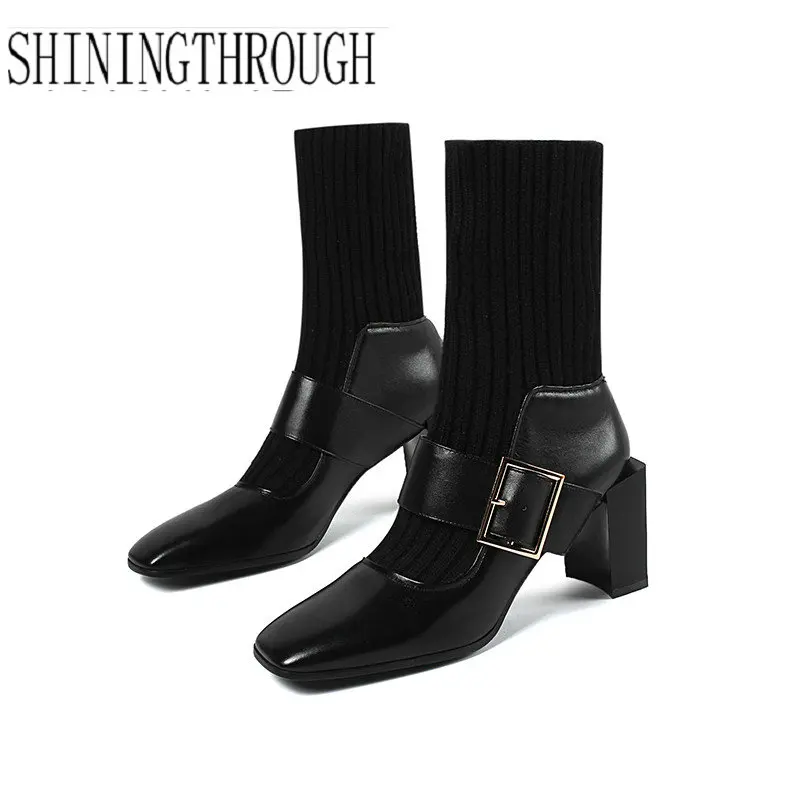 Boots Women Genuine Leather Mid-calf Boots Fashion High Heels Autumn Winter Party Prom Shoes Woman Office