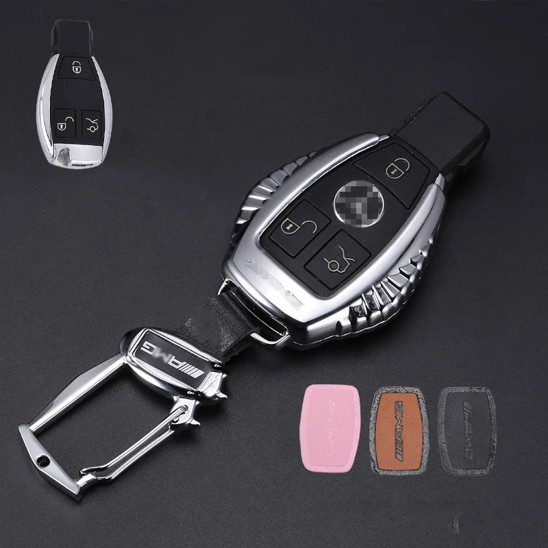 silver with buckle Металлический чехол для ключей автомобиля, чехол для Mercedes Benz W203 W210 W211 W124 W202 W204 W205 AMG, брелок для ключей, защитная крышка из цинкового сплава - Название цвета: silver with buckle