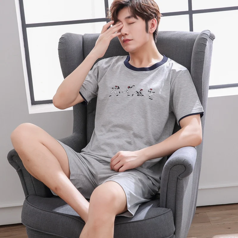 

2021 Summer Cotton Short Sleeve Pajama Sets for Men Cute Cartoon Sleepwear Suit Pyjamas Male Homewear Lounge Pijama Home Clothes
