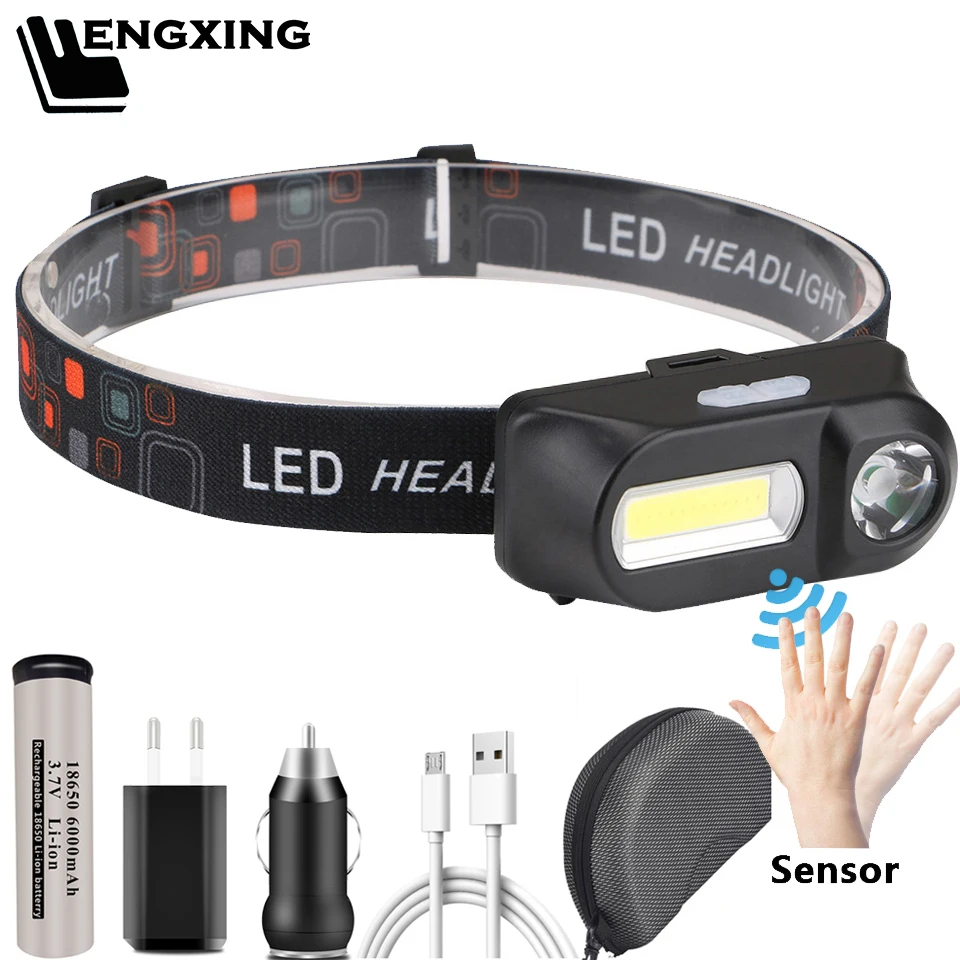

Sensor LED Headlamp Headlights Outdoor Camping Portable Mini XPE+COB Head lamp USB Charging Fishing Light 18650 Battery Torch