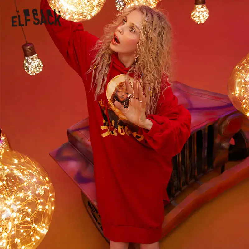 Женское Повседневное платье ELFSACK красное однотонное офисное с капюшоном и