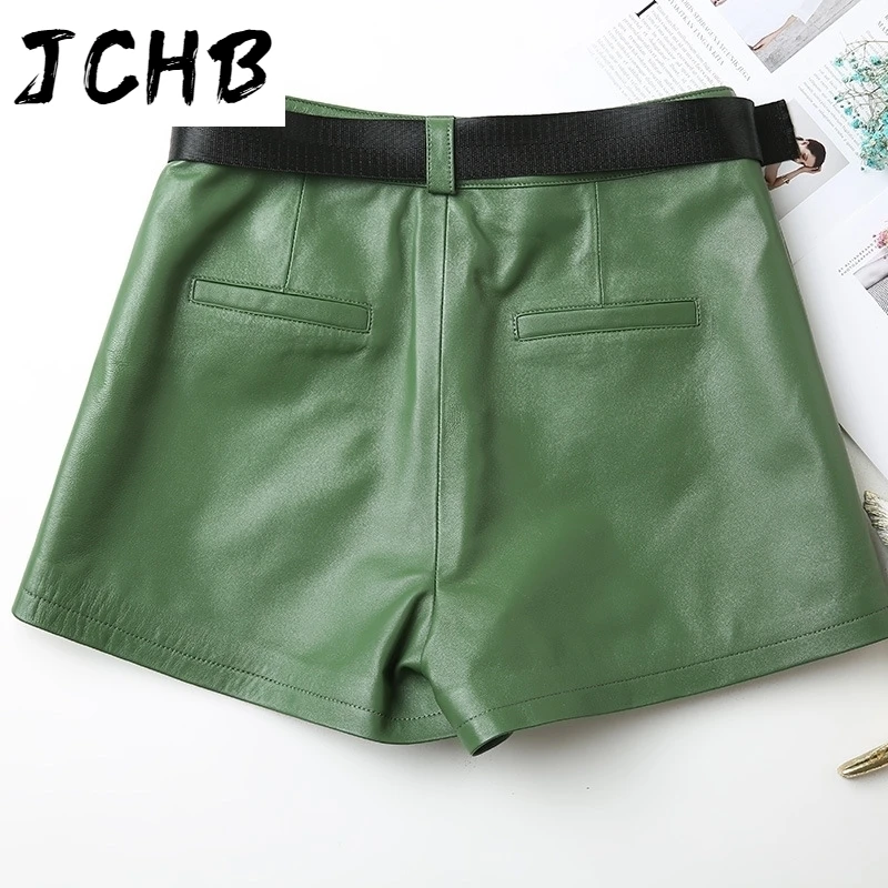 SHZQJCHB Women's Shorts Real Sheepskin High Waist Trousers Genuine Leather Shorts Female Summer Clothes Spodenki Damskie TN2279