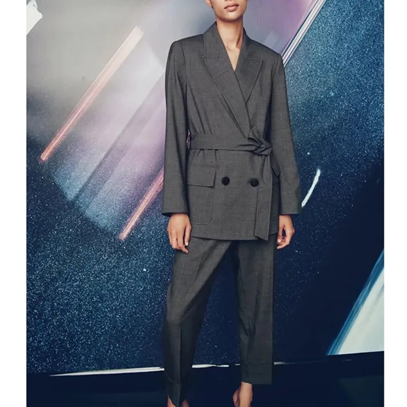 

Women 2021 Elegant 2 Piece Set Women Lace-up Blazer and Long Wide Leg Pant Set Autumn Office Lady Work Outfits 2021