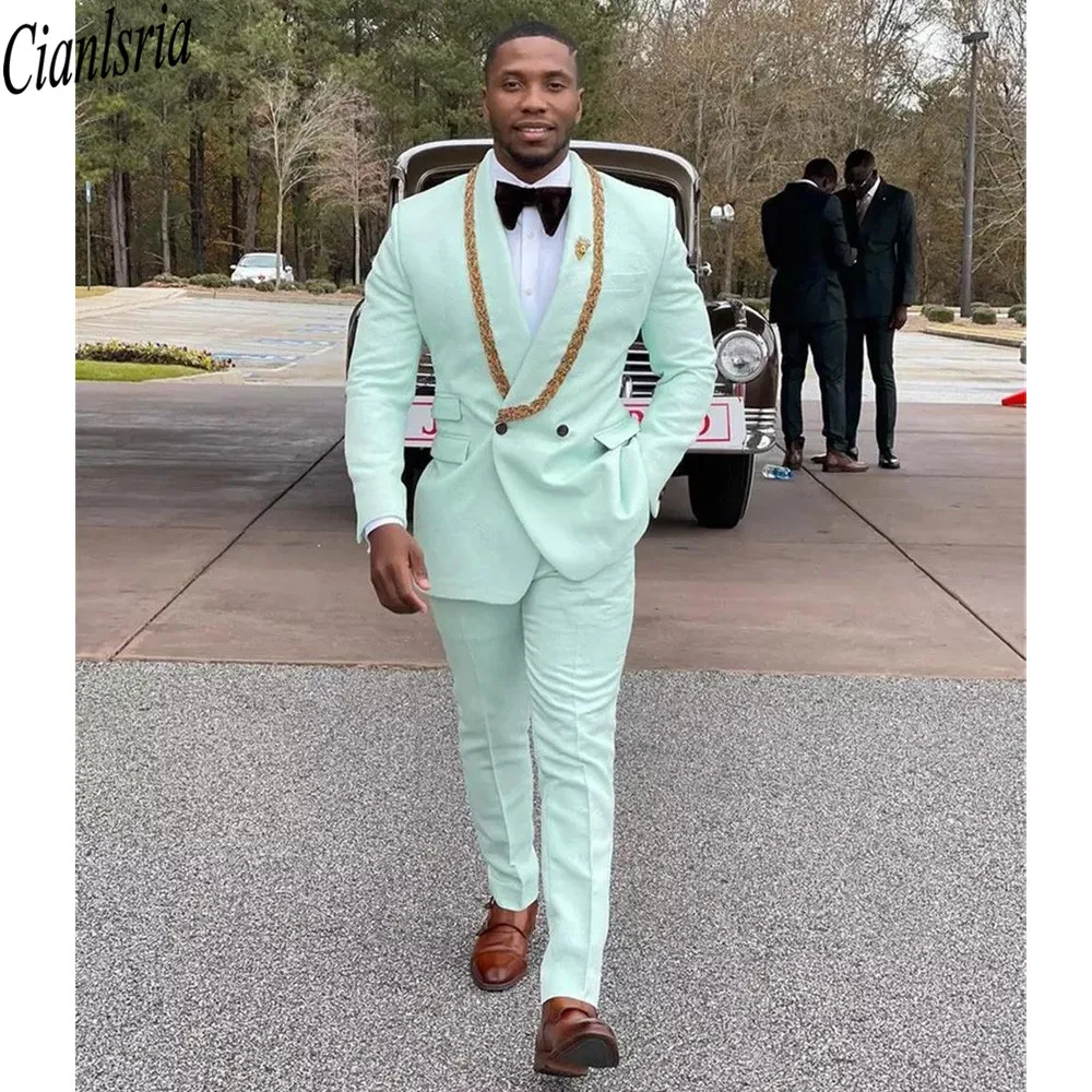 

Designer Mint Green Men Customized Wedding Tuxedos Double Breasted Red Carpet Groom Wear Dinner Prom Party Blazer (Jacket+Pants)
