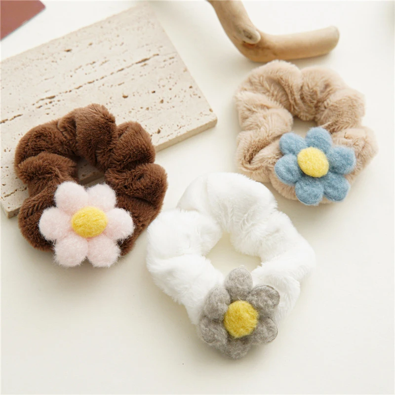 

Autumn Winter Plush Hair Rope Plush Woolen Flowers Hair Ring Solid Color All-match Hair Rope Faux Fur Elastic Hair Accessories