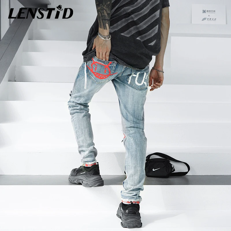 Джинсы LENSTID мужские рваные с надписью уличная одежда в стиле хип хоп джинсы из