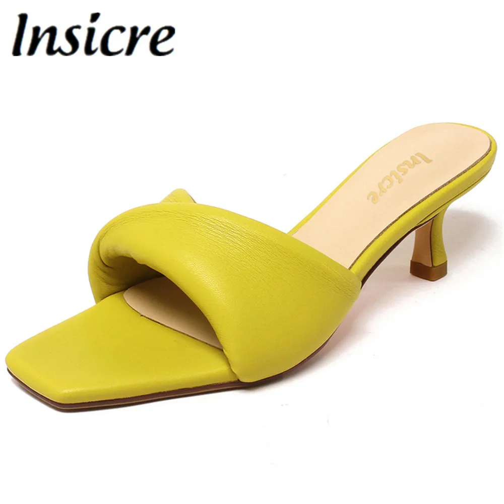 

Insicre Fashion Summer Fold Sandals Sexy Square Open Toe Sandals Cow Leather Party Shoes Woman Thin High Heels Outdoor Flip Flop