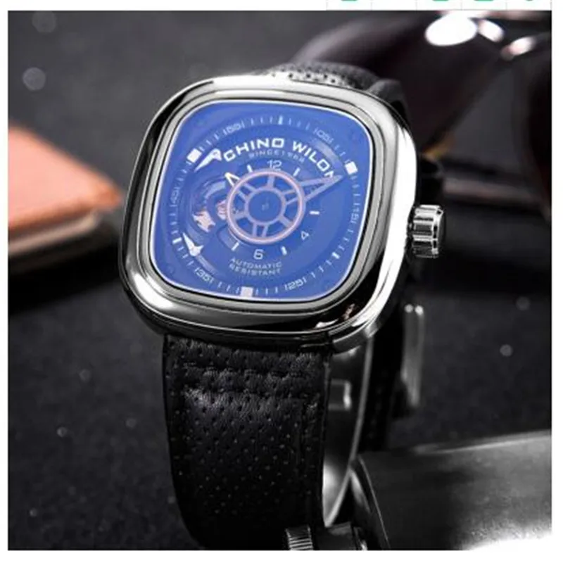 Brand Watch Men's Mechanical Watch Full-Automatic Men's Square Large Dial Hollowed Out Blu Ray mirror