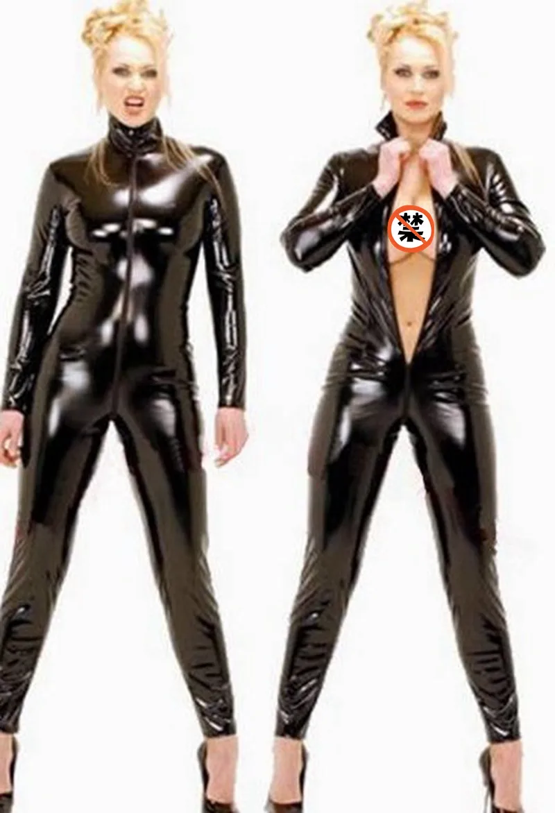 

Sexy Wetlook Black Cat Jumpsuit PVC Spandex Latex Catsuit Costumes for Women Body Suits Fetish Leather clothe Plus Size 4XL