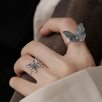 2 pcsset ladies retro cute butterfly animal ancient silver color alloy opening ring for women party jewelry wholesale
