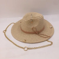 202105 nao chain new summer paper pin gold color chain fedoras cap women leisure panama jazz hat