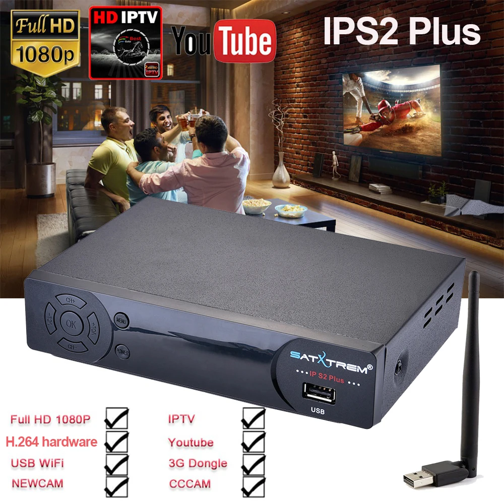 Satxtrem IP-S2 Plus спутниковый ресивертв тюнер DVB-S2 Full HD 1080p with USB WiFi Cccam IPTV телевизорцифровая приставка