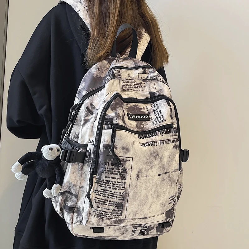 

Newspaper Design School Backpack for Teenage Gilrs Boys Laptop Student Bag Waterproof Nylon Casual Man Women Backpack
