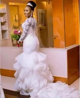 long sleeve button back ruffles tiered mermaid wedding dress african white color plus size bride marriage wedding dresses w0397