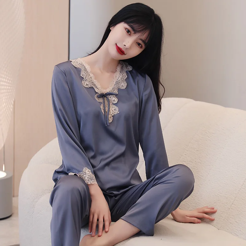 

Casual Sleepwear 2PCS Pajamas Set Women PJS Satin Shirt&Pants Loose Intimate Lingerie Nightwear Faux Silk Loungewear Pijamas
