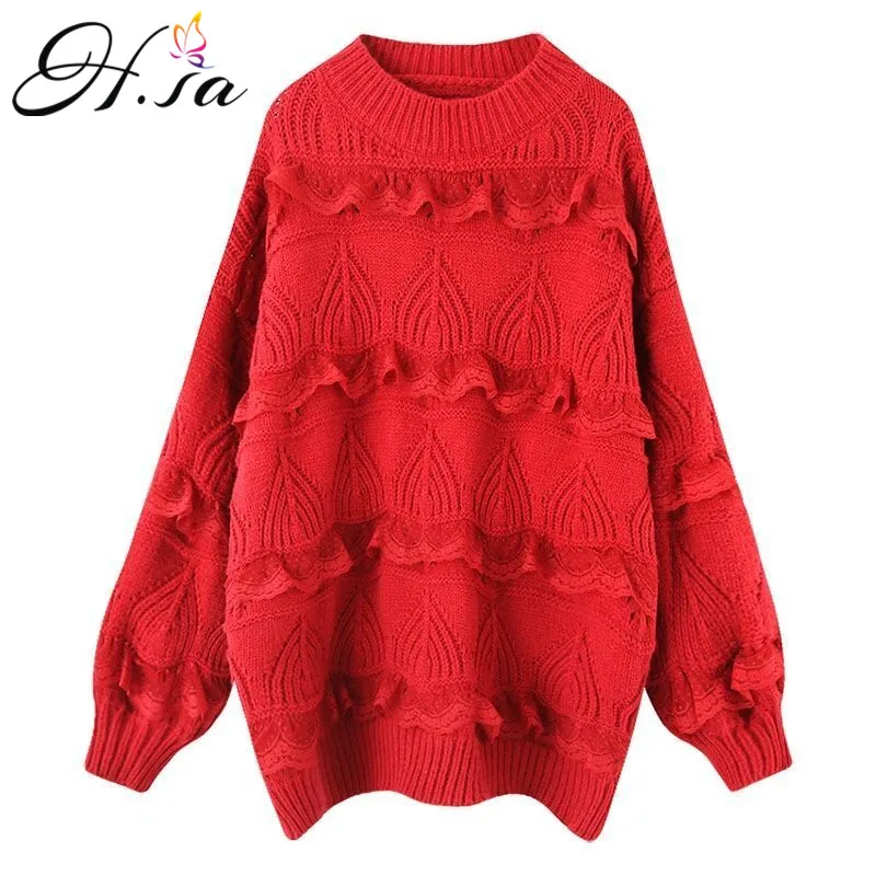 

H.SA 2021 Knitted Sweater and Pullovers Lace Pull Jumpers Ruffles Cute Girls Sweet Pink Knitwear Pull Tops Long Sweaters