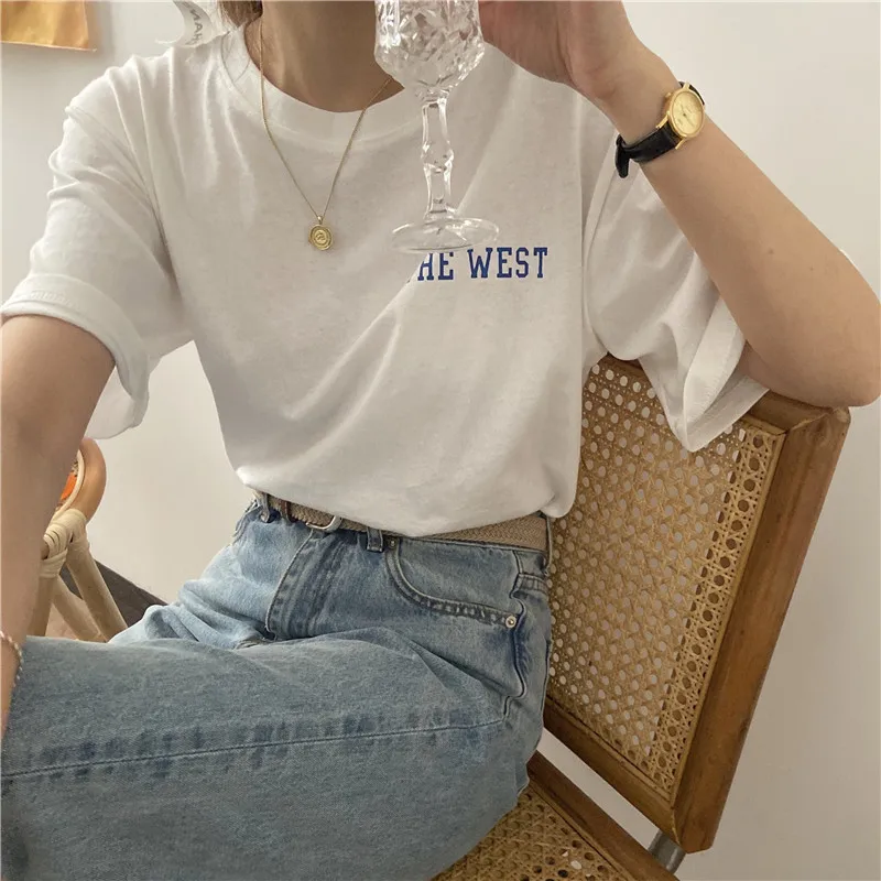 

White Short-Sleeved T-shirt Women's Loose Korean Style Summer 2021 New Western Style All-Matching Internet Hot Top Clothes Ins