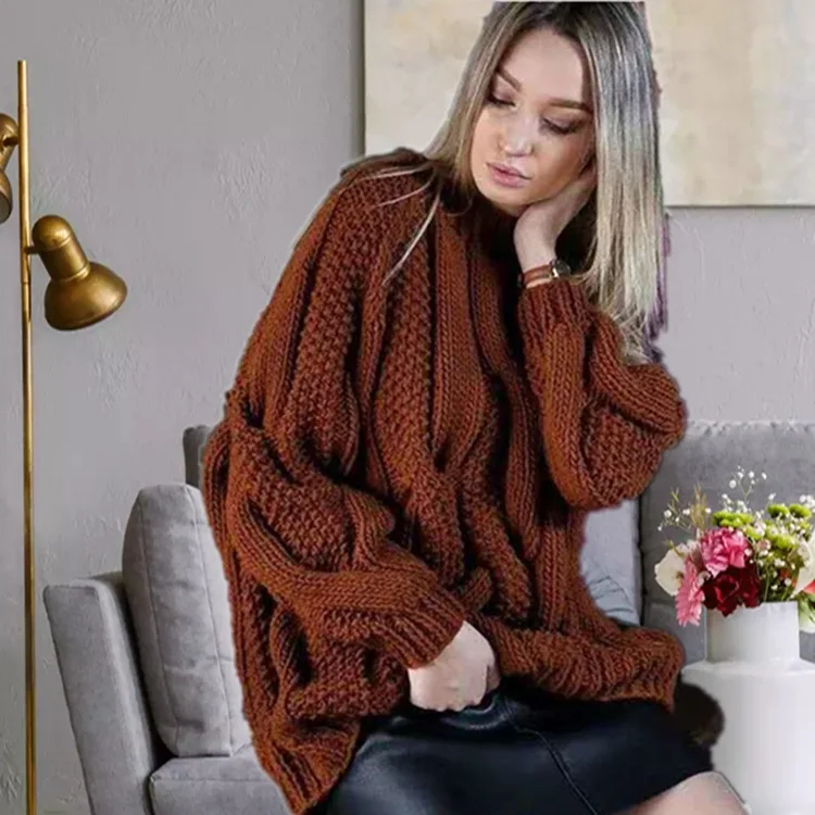 

fall 2020 women long sleeve o-neck twist knitted sweater Fashion pullover jumper oversized sweater Green khaki black jersey
